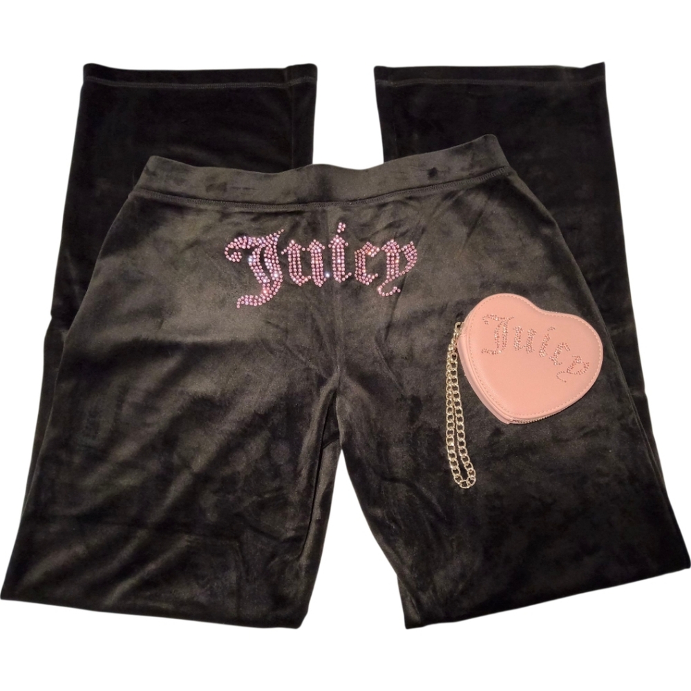 Juicy Couture Black Velour Big Bling Pink Rhinestone Track Pants & Wristlet Set